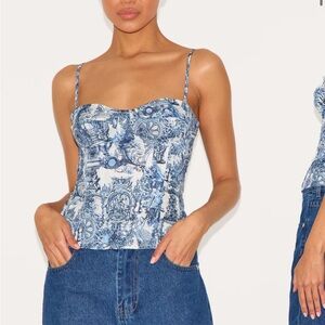 PRETTY LITTLE THING BLUE RENAISSANCE PRINT STRUCTURED CORSET TOP